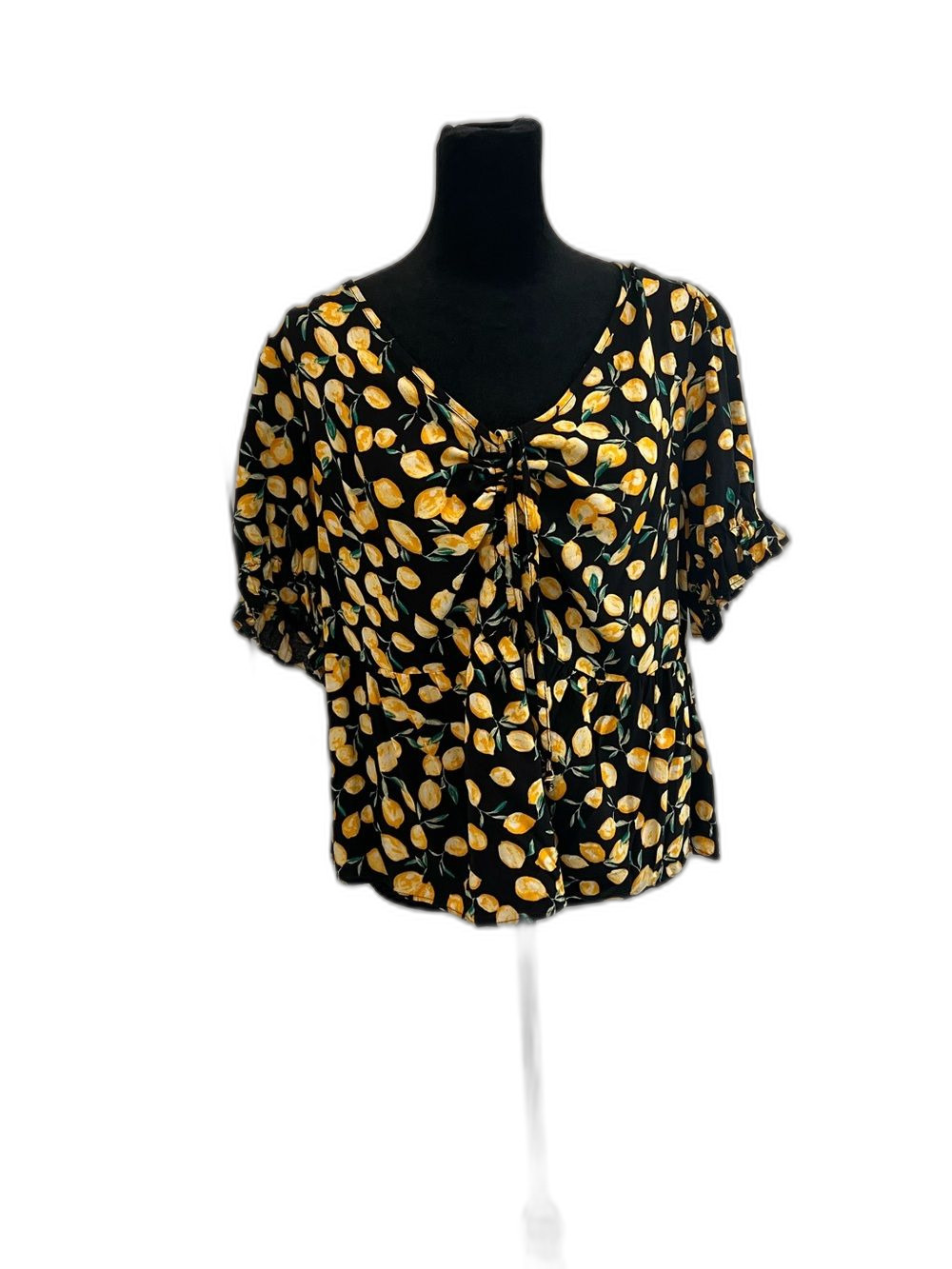 Liberty Love Black Lemon-Print Tie-Front Blouse 1XL